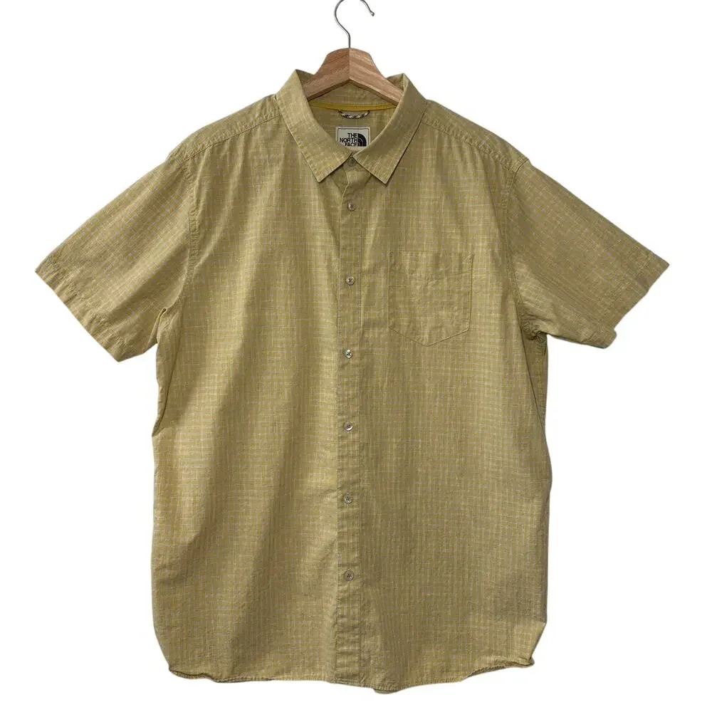 The North Face A3G4C Button Up Shirt XL Yellow Gray Check Cotton Short Sleeve XL